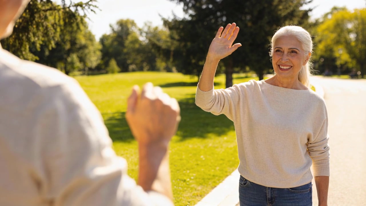 Donna anziana che saluta con la mano su un sentiero soleggiato del parco, indossando maglione e jeans.