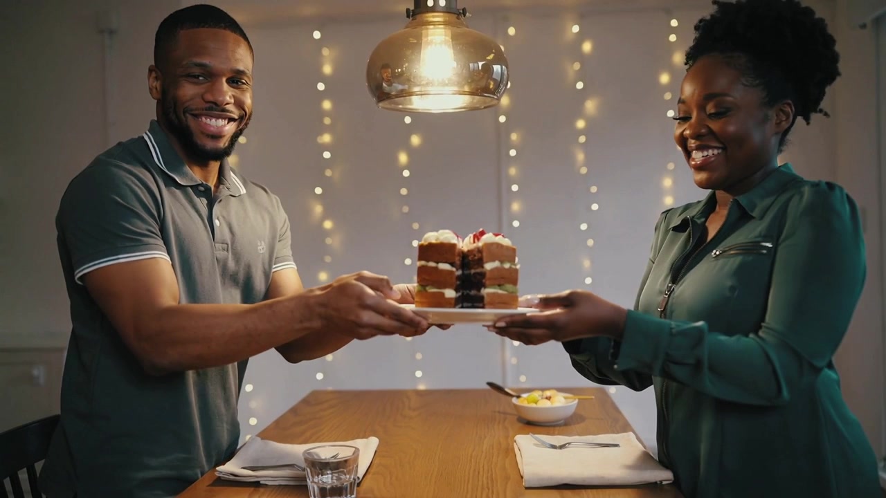 Reaching partners in casual shirts lifting layered cake on plate at wooden table, sharing dessert