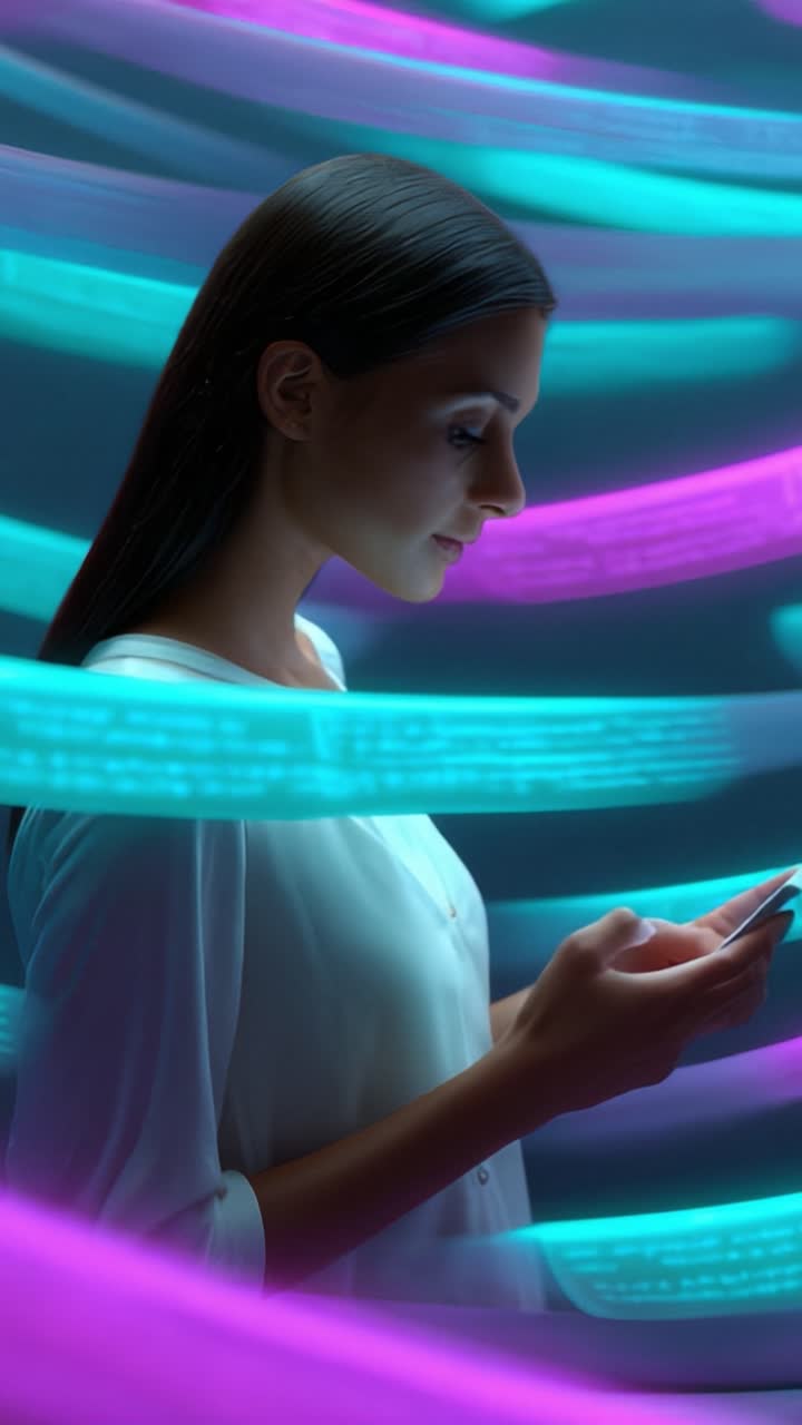 Una donna con uno smartphone circondata da nastri di luce vibranti e fluidi, che creano una miscela accattivante di tecnologia e arte visiva