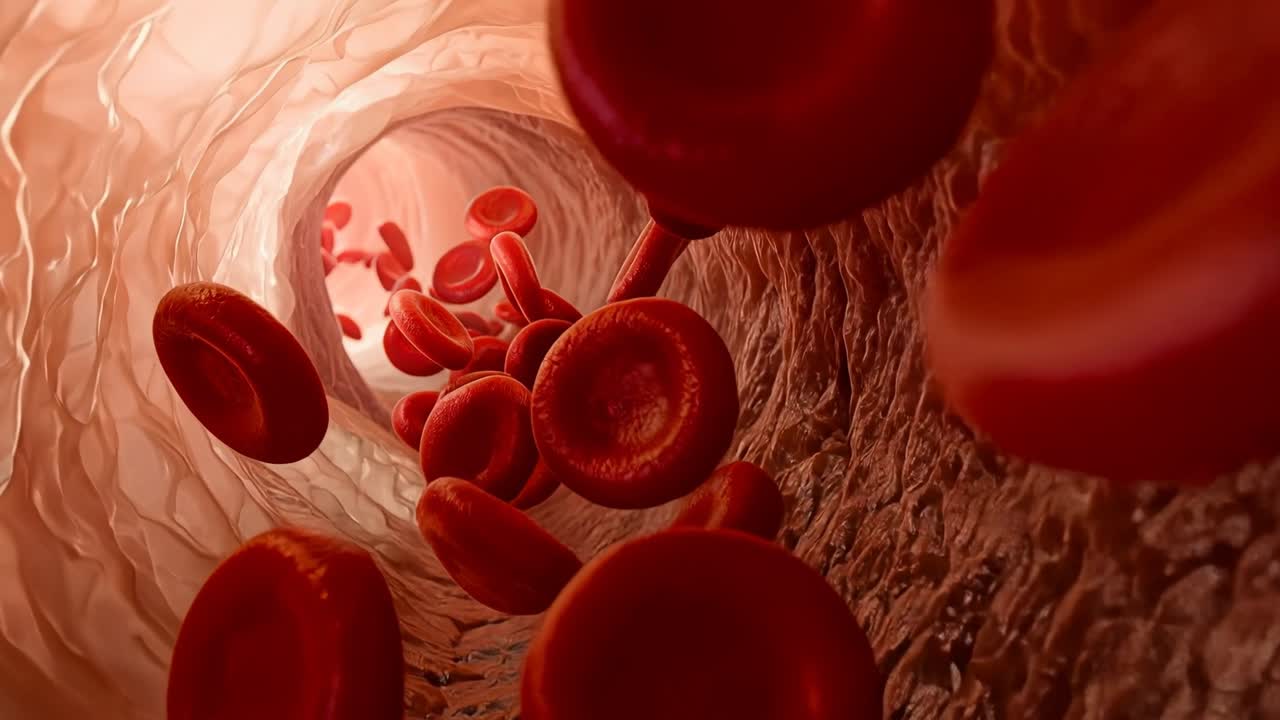 Macro photograph of red blood cells moving through a blood vessel with soft focus and warm light, medical concept of human circulation and health
