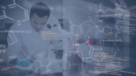 científico que trabaja en un laboratorio con datos y fórmulas estructurales de compuestos químicos