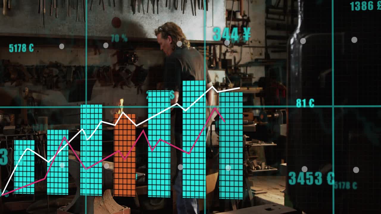Metalworker dipping rod into forge fire and hammering anvil while AR grid updating currency charts