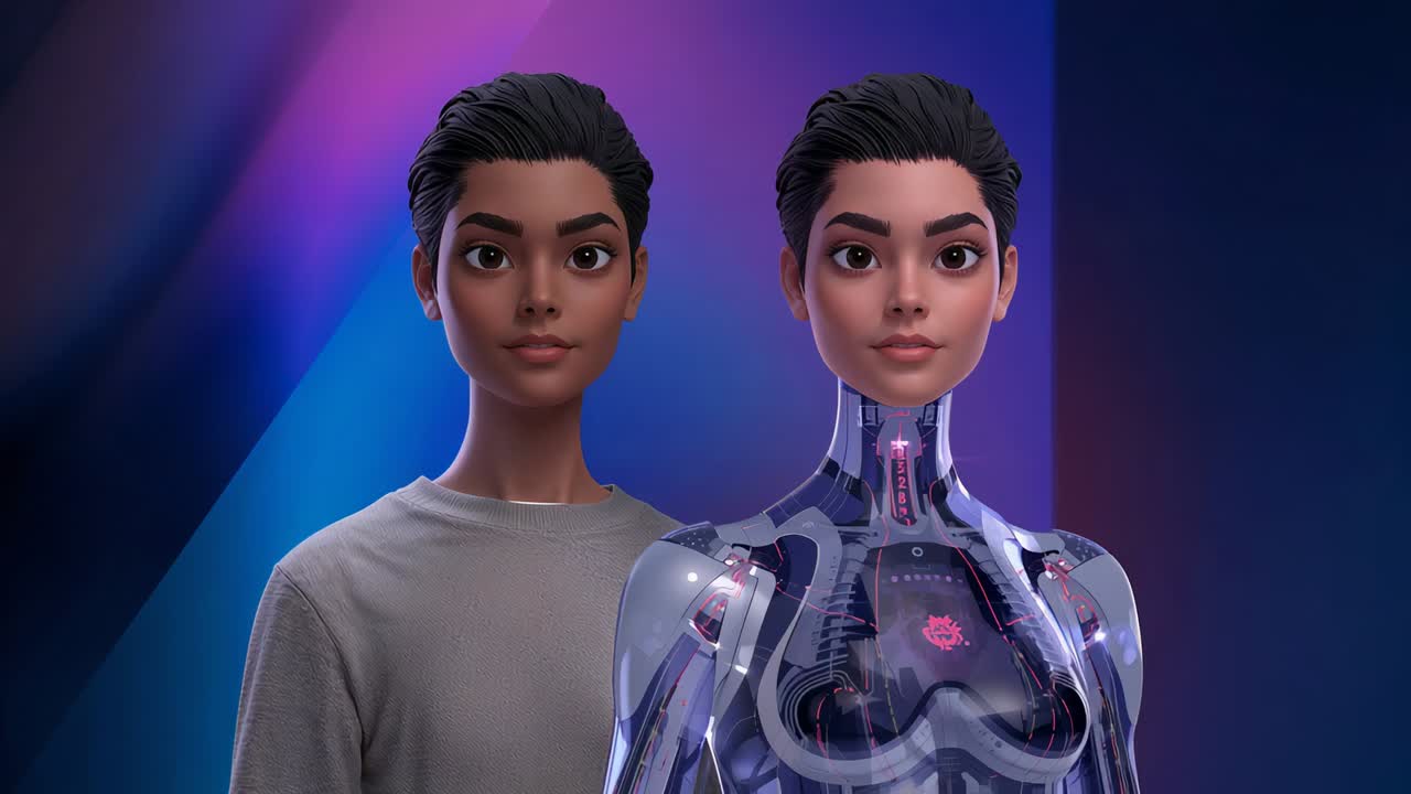 Duo di androidi con sembianze umane che reagisce al segnale dello studio, riapre gli occhi, sposta lo sguardo a destra, busto illuminato con maglione