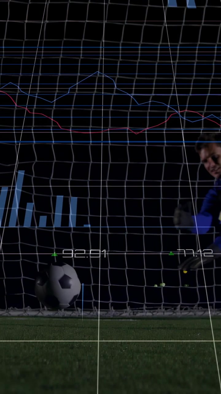 Video verticale: Portiere che si tuffa per parare il pallone dopo un rimbalzo, con un'interfaccia HUD sportiva in sovrimpressione che monitora le statistiche di parata.