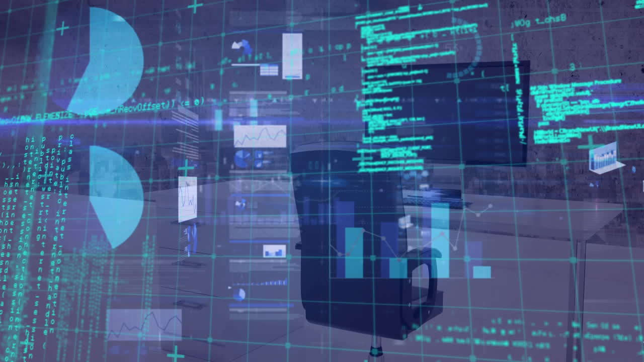 procesamiento de datos estadísticos a través de la red de red frente a una oficina vacía en segundo plano