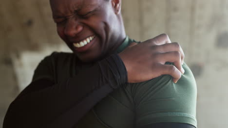 shoulder pain, hand and man with injury