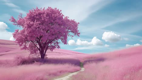 infrared photography of a suggestive landscape showing pink grass field, a lonely tree and white clouds in a beautiful sunny day, creating a dreamy and surreal atmosphere