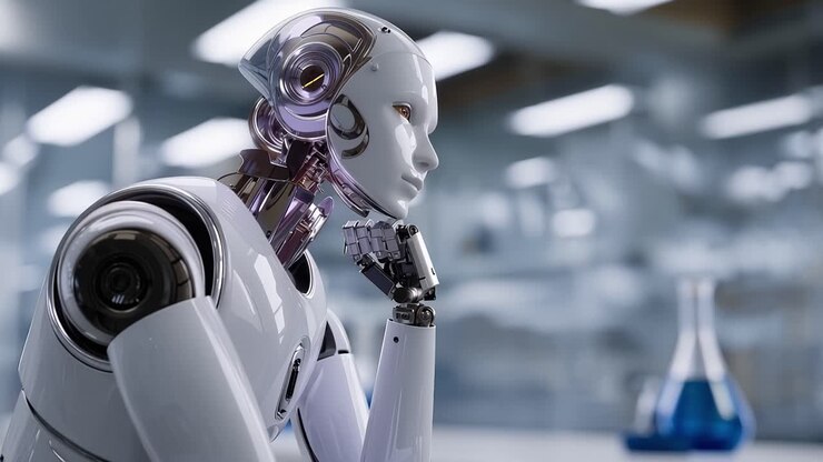 Robot umanoide che pensa e contempla in un laboratorio scientifico