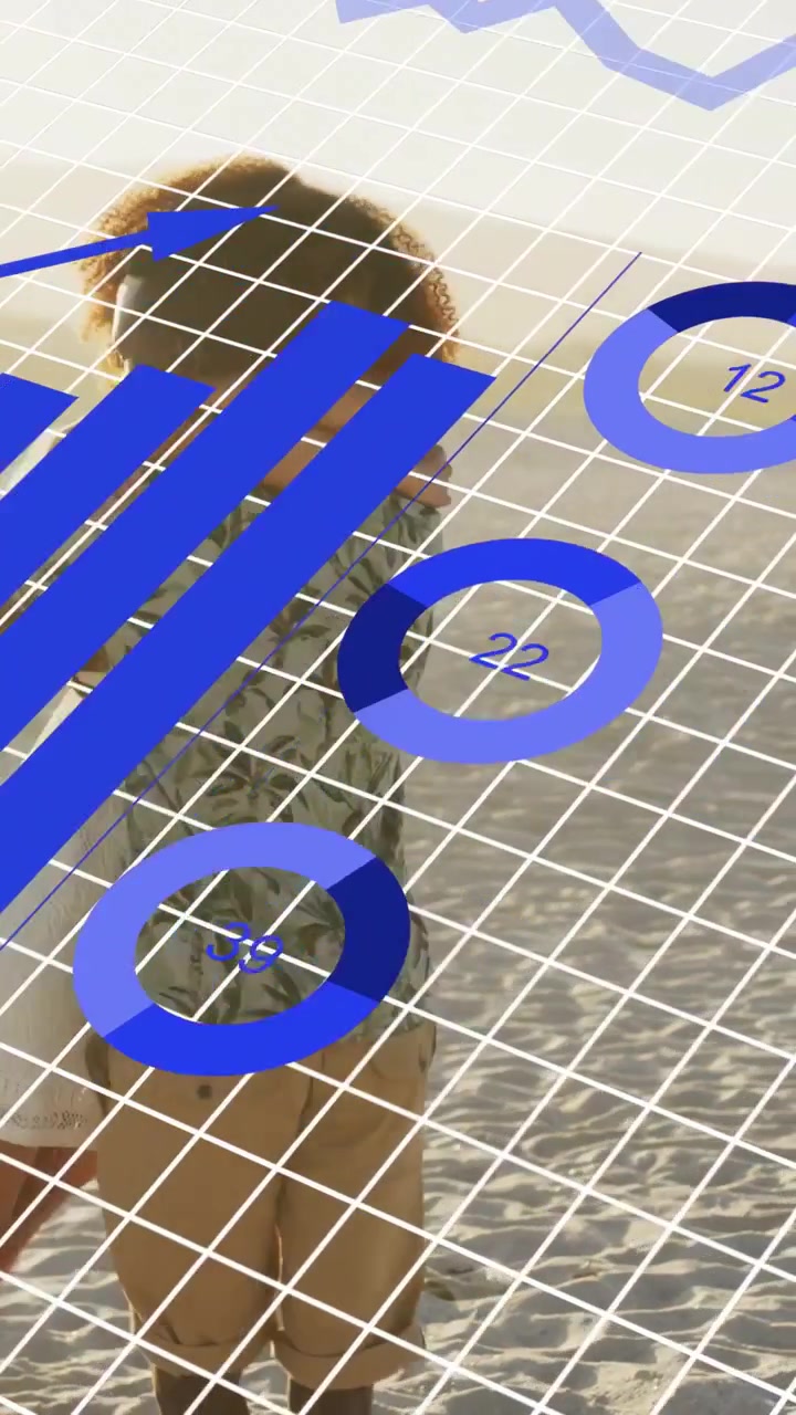 Vídeo vertical: Mulher caminhando na orla, com gráficos de barras e de pizza animados surgindo, mostrando dados de tecnologia.