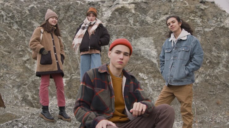 Close Up View Of Group Of Teenage Friends Dressed In Winter Clothes Posing Looking At Camera, Sitting And Standing On The Mountain