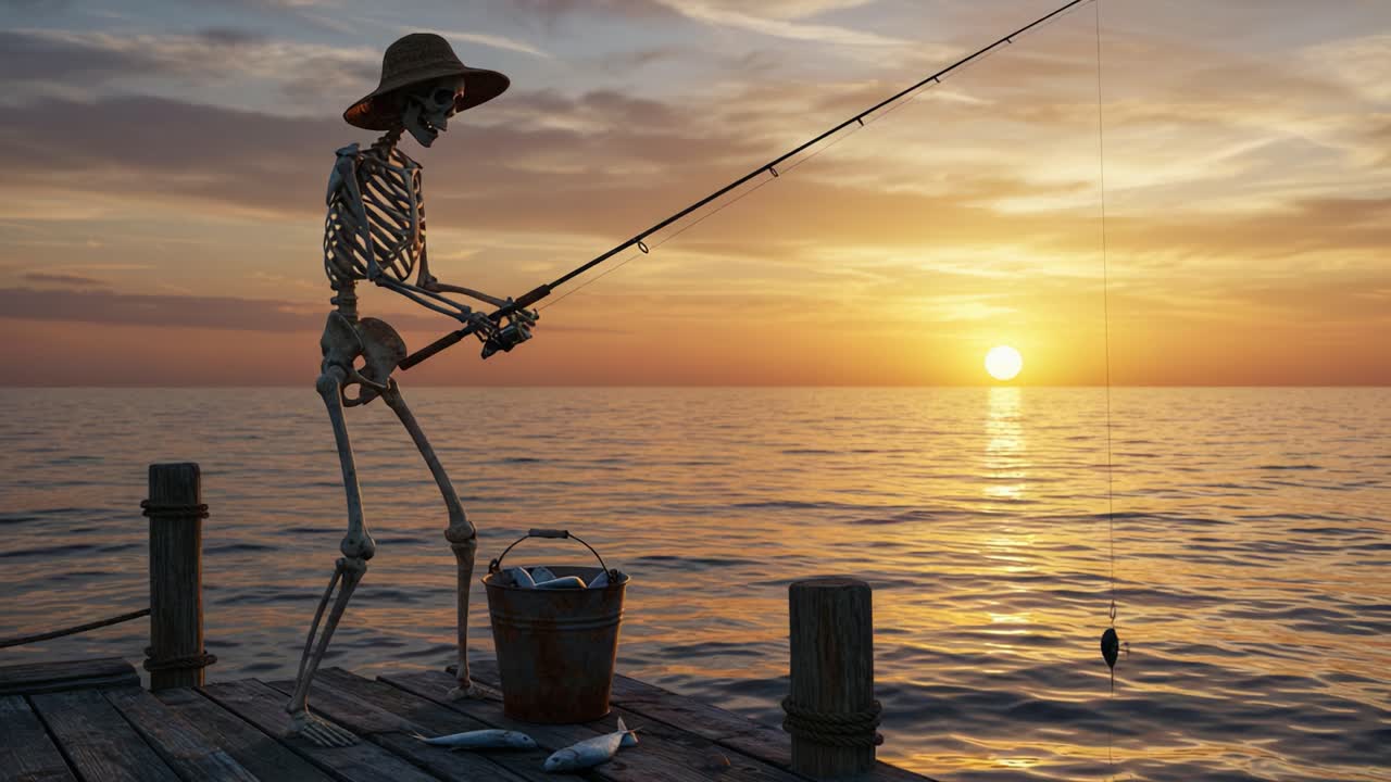 ASkeletonFishermanPoisedAtSunset: A UniqueSceneWhereLifeAndDeathIntersect, AsAnEerieSkeletonFishermanCatchestheLastFishUndertheGoldenSky