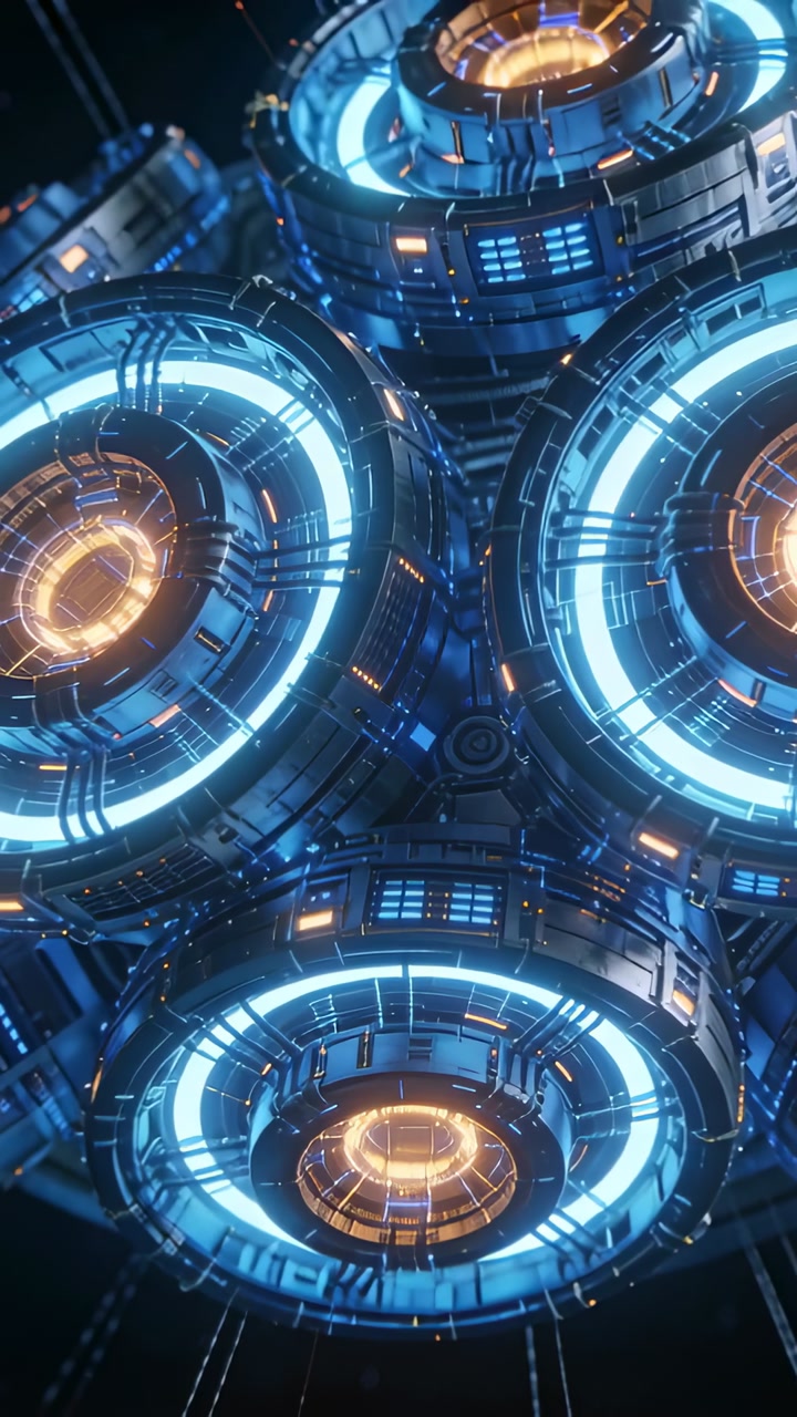 Reactor cluster detecting startup pulse, pulsing cyan rings and orange cores, camera pulling back
