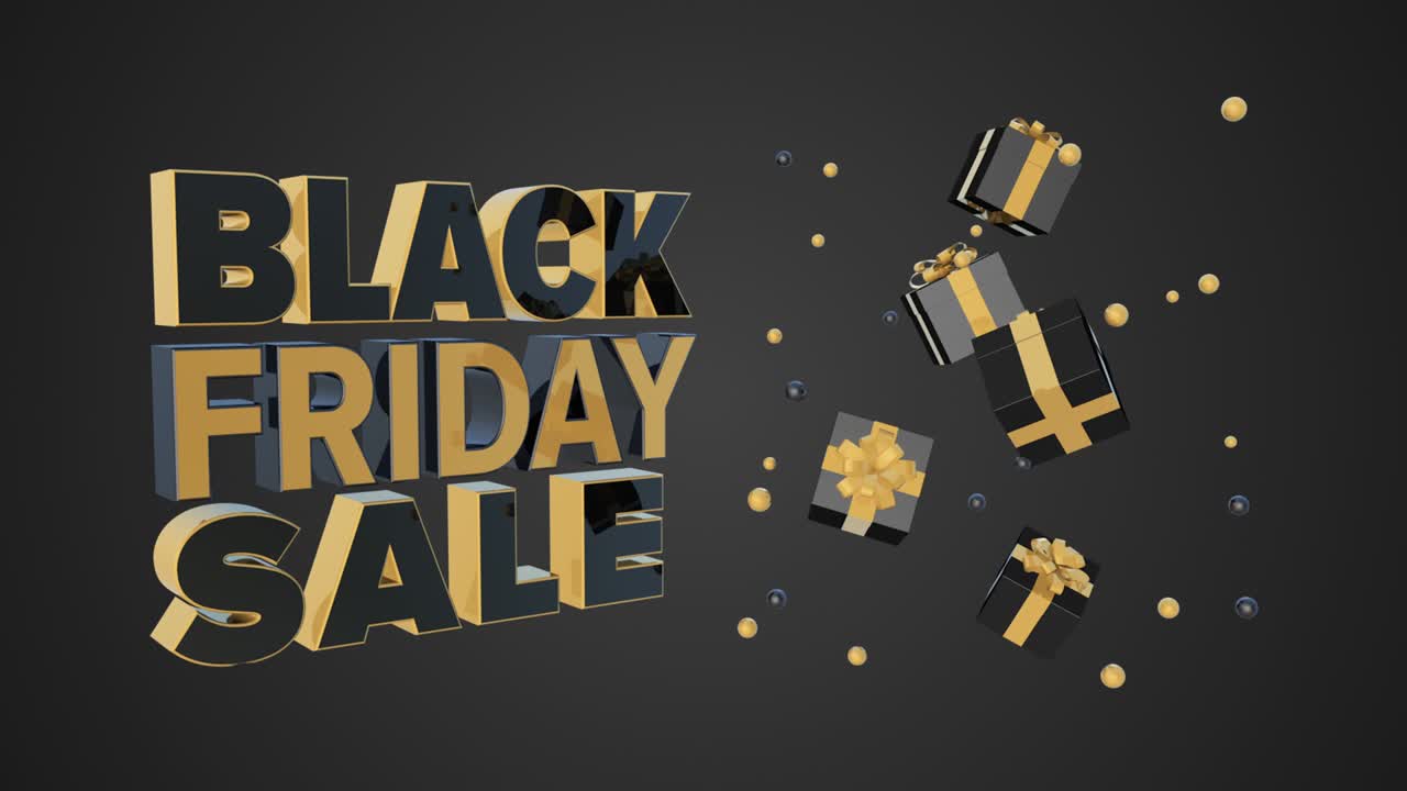 распродажа черной пятницы, анимация 4k с названием и подарочными коробками на беспрепятственном цикле