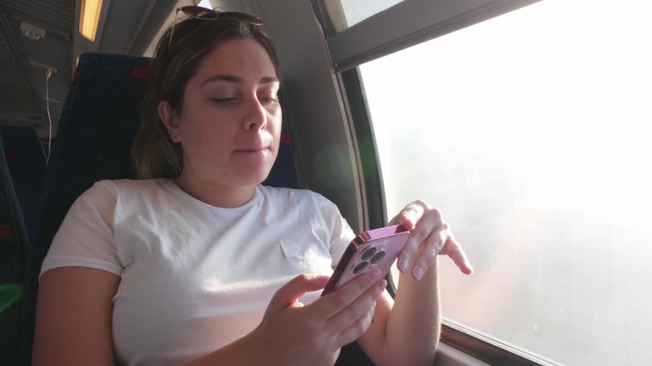 Thoughtful Woman with Hand on Mouth Looking at Her Smartphone
