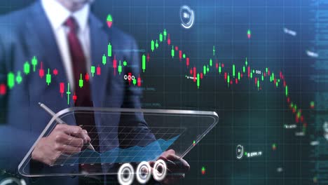 el concepto de economía de inversión de negocios, el comercio de hombres de negocios utilizando tabletas, computadoras, gráficos, diagramas, monitores de computadoras, operaciones en la interfaz de usuario, análisis de datos en la pantalla.