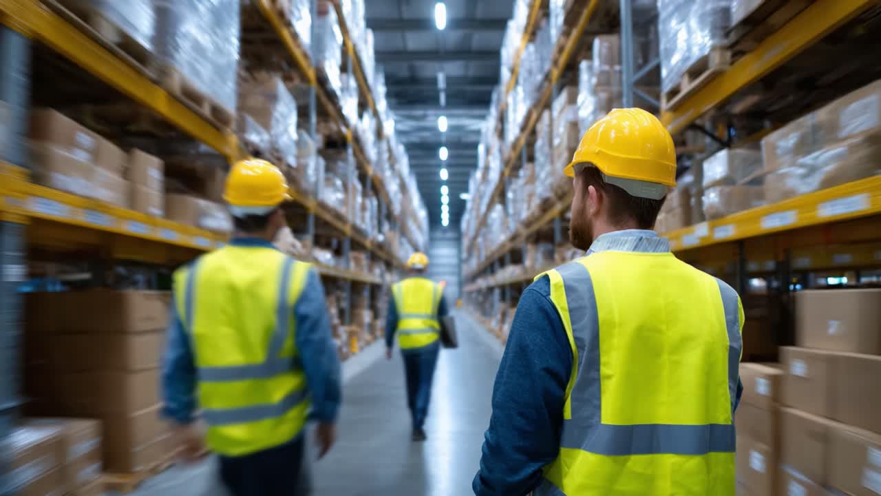 A Dynamic Overview of Warehouse Operations Featuring Workers in Safety Gear Navigating Between Shelves of Stored Goods, Efficiently Managing Inventory in a Busy Distribution Center Environment