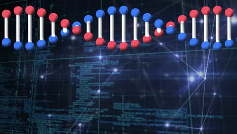 Animation of spinning dna structure over glowing network of connections and data processing