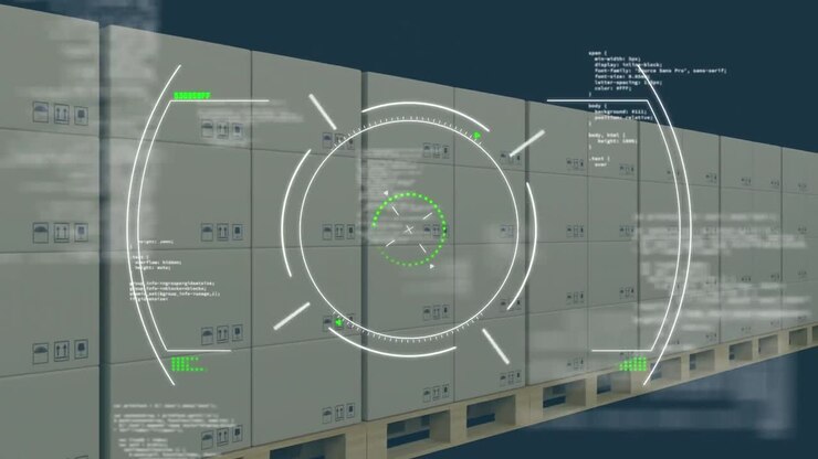 Animation of scope and data processing over cardboard boxes