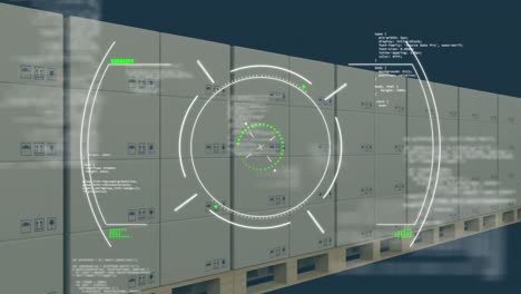 animation of scope and data processing over cardboard boxes