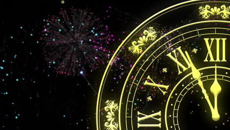 animation of clock showing midnight and fireworks exploding on black background