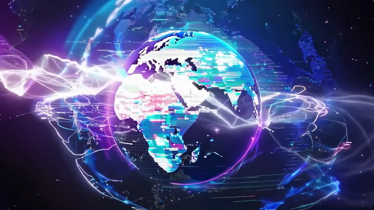 Aerial view of Earth with neon rings and digital effects, showcasing a futuristic and tech-inspired