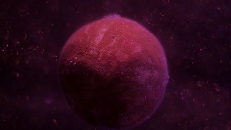 planeta rojo realista girando alrededor de su eje. millones de partículas de polvo brillando y volando suavemente en el espacio. estrellas brillantes.