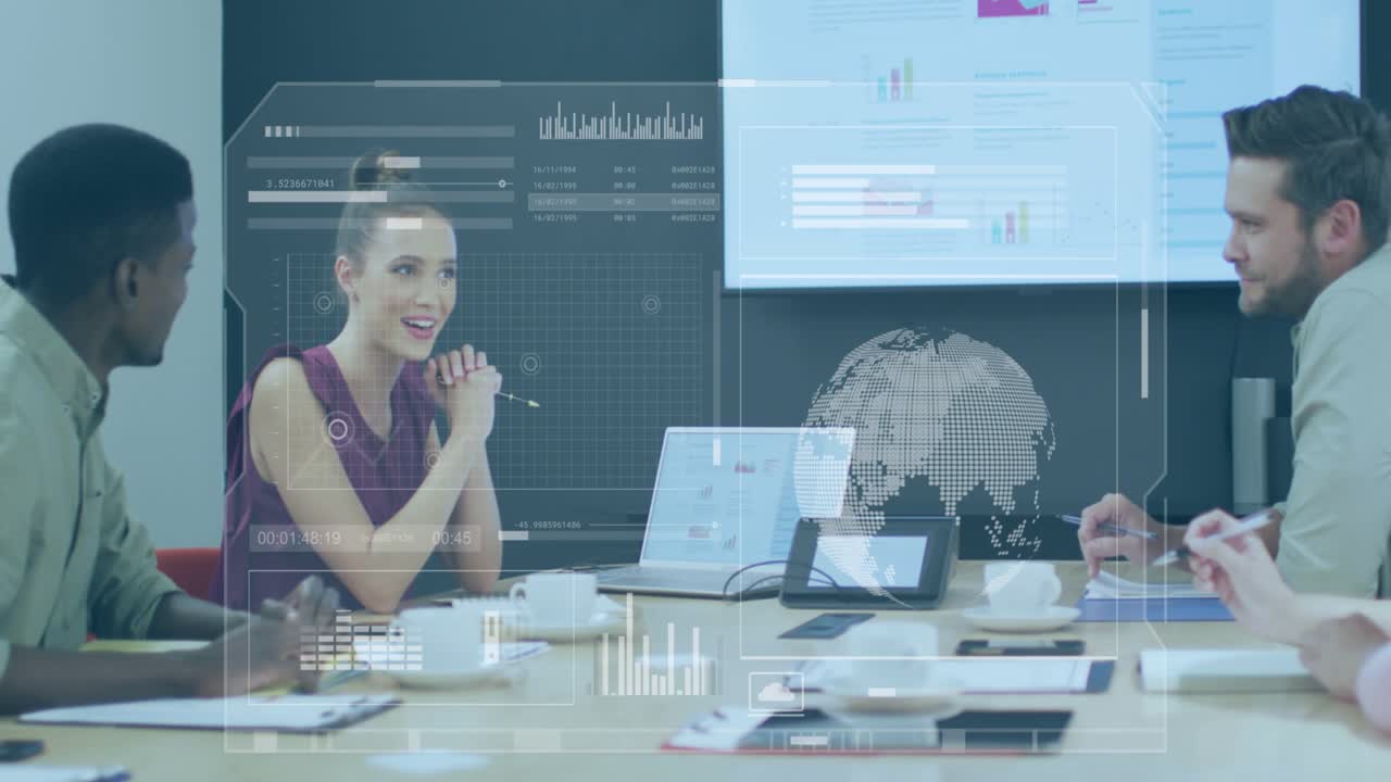 Animation of interface with data processing against diverse colleagues discussing at office