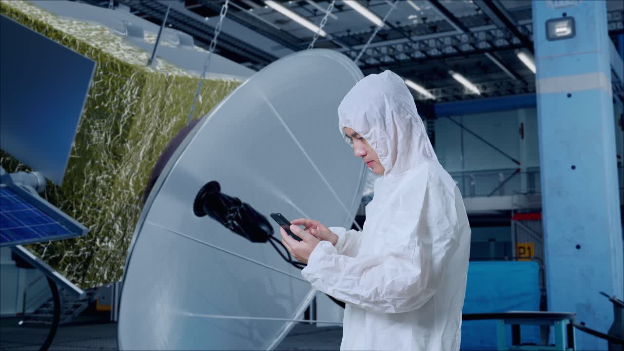 우주선 건설에 서서 스마트폰을 사용하는 아시아 남성 과학자의 측면 시각