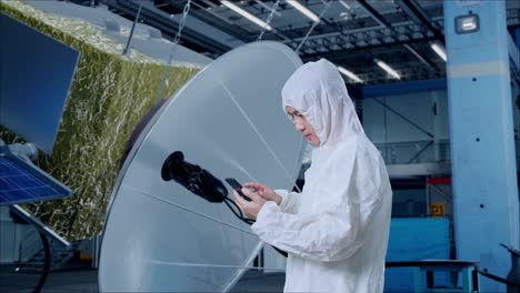 vista lateral de un científico masculino asiático usando un teléfono inteligente mientras está de pie con la construcción de una nave espacial