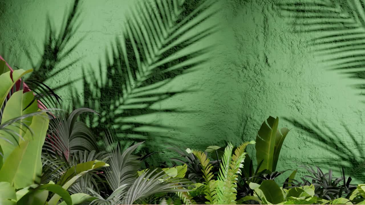 A Tropical green plants casting palm leaf shadows on textured green wall. Botanical outdoor photography. Nature, foliage, and tropical garden design concept. Design for wallpaper, banner