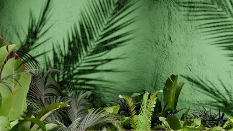 a tropical green plants casting palm leaf shadows on textured green wall. botanical outdoor photography. nature, foliage, and tropical garden design concept. design for wallpaper, banner