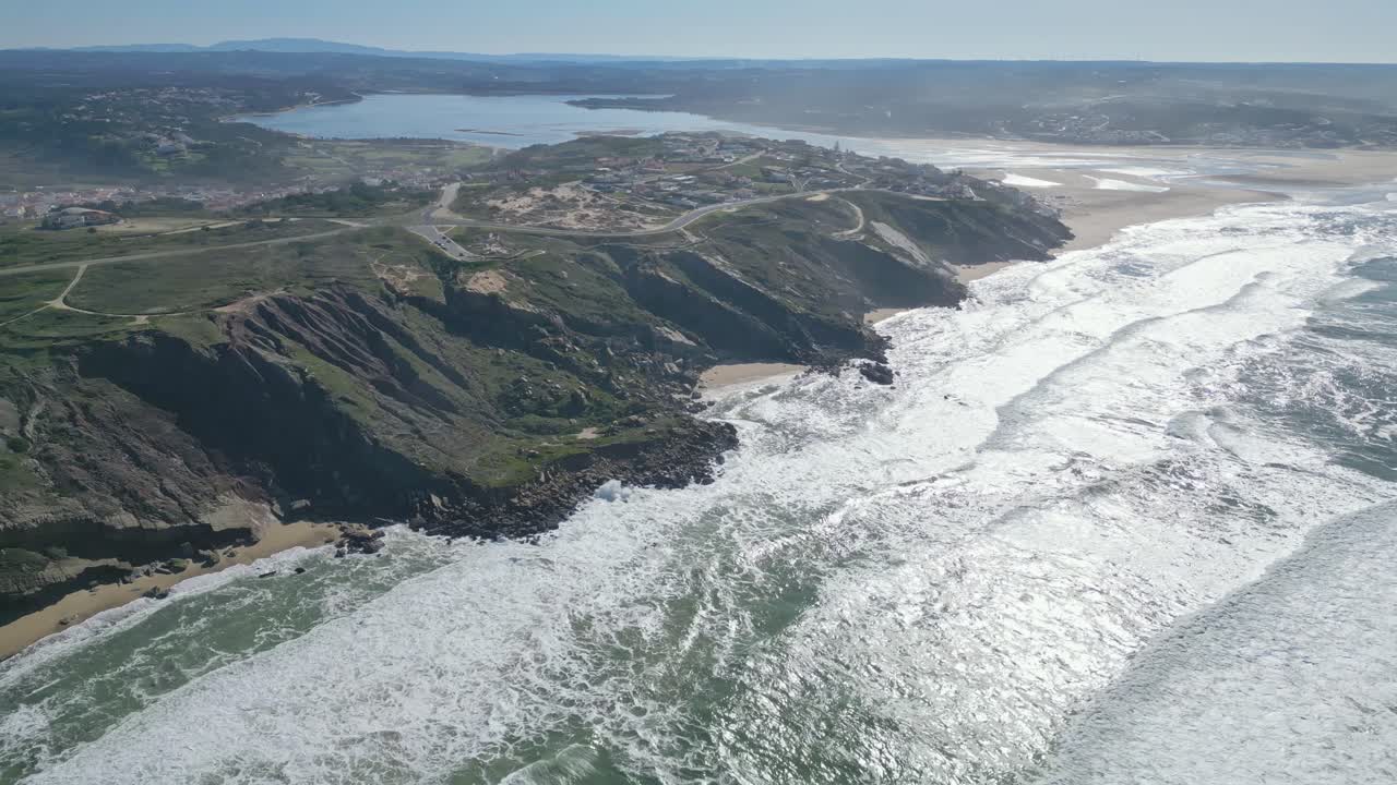 Panoramic aerial view of the cliffs and coastline near Miraduro Da Salgado, Nazaré, Portugal