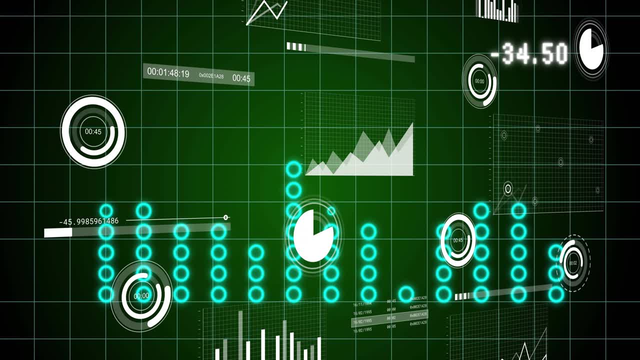 On startup grid HUD animating readouts rotating dial shifting nodes growing bars visualizing trends