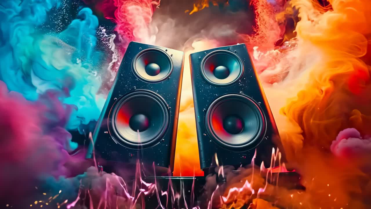 un par de altavoces sentados en la parte superior de una mesa frente a un fondo colorido