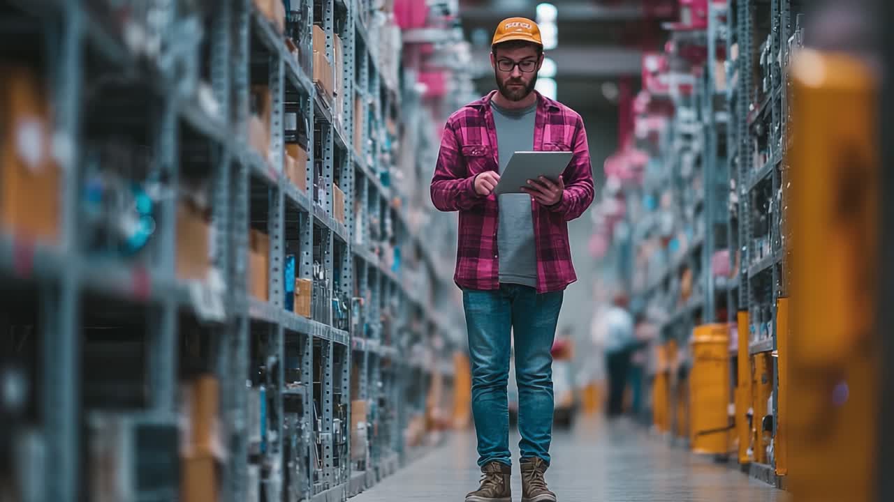 A warehouse employee with a tablet observes inventory while standing between shelves filled with products, showcasing an organized and efficient workspace