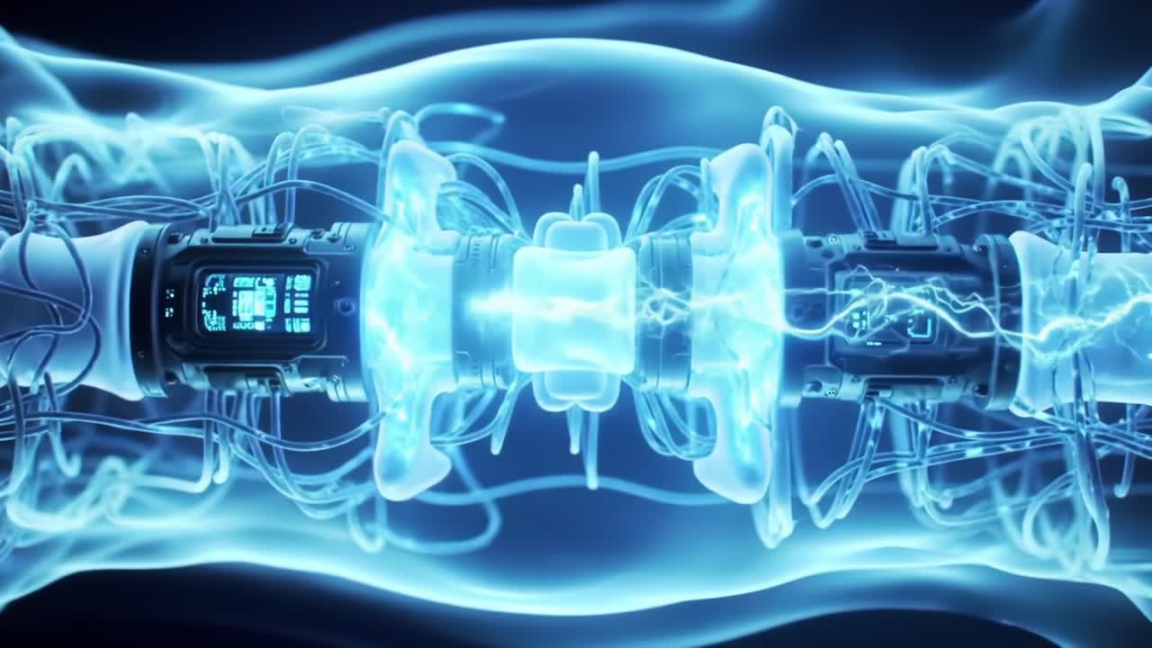 Futuristic Cybernetic Connection: A Deep Dive into the High-Tech Interface and Flow of Data Through Advanced Robotic Mechanisms Illuminated in Ethereal Blue Light