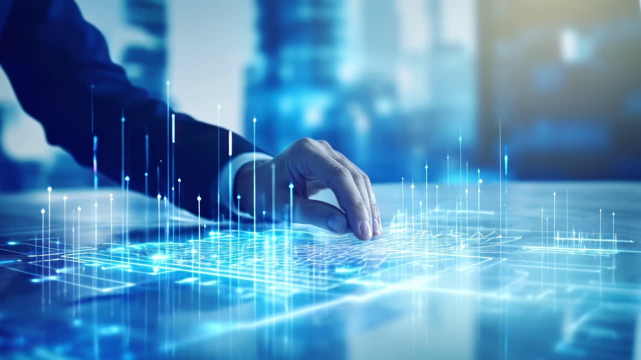 Futuristic video concept with a low-angle view of a hand interacting with a digital interface