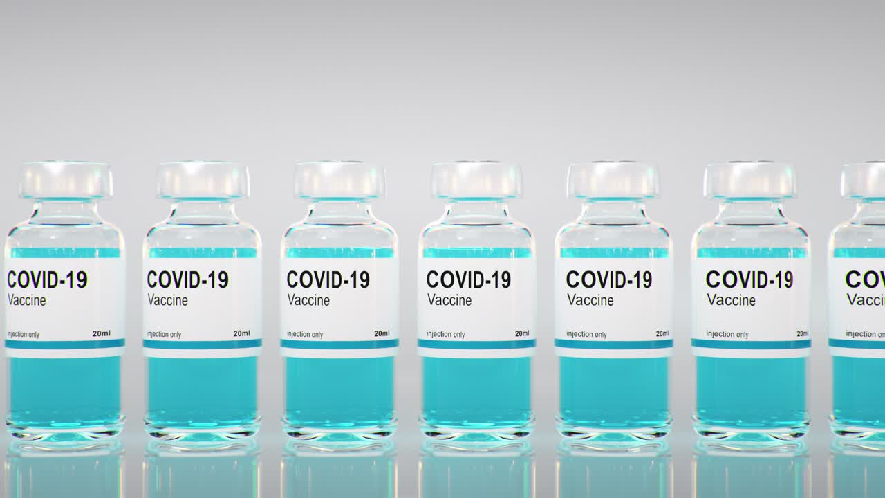 코로나19 백신 병, sars-cov-2 백신 치, 3d 렌더링 애니메이션