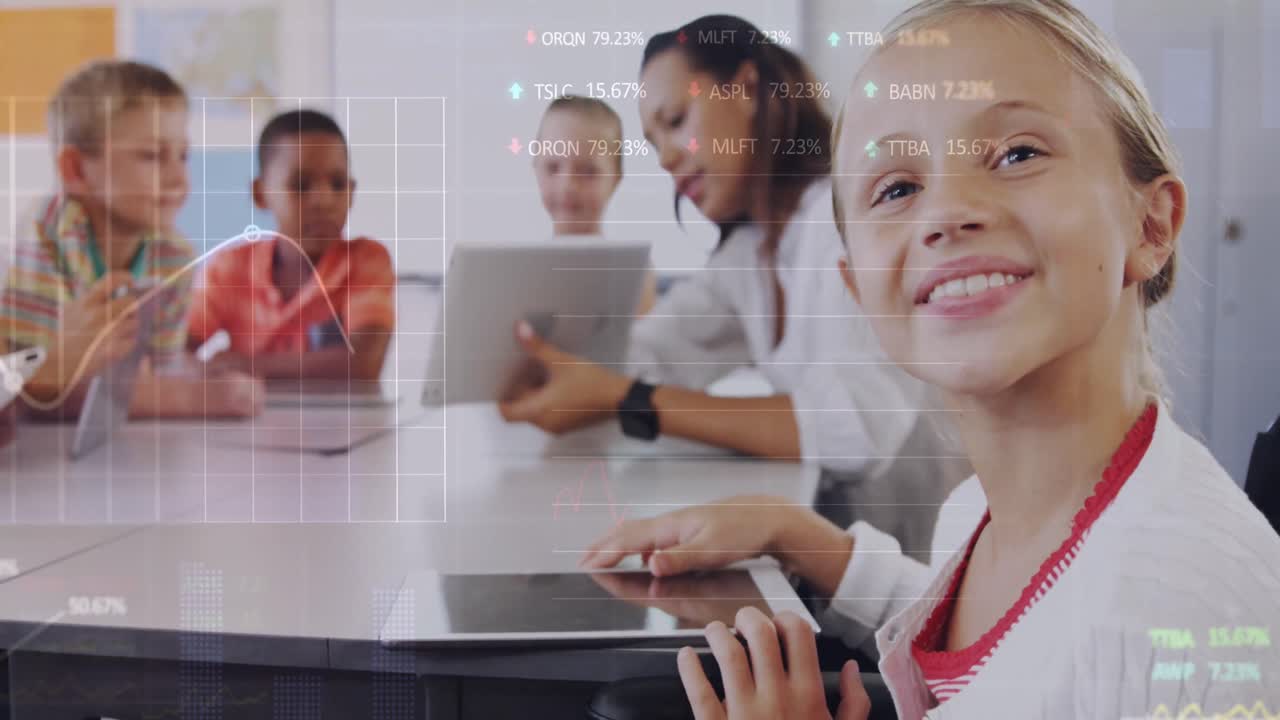 Animation of stock market data processing over caucasian girl using digital tablet at school