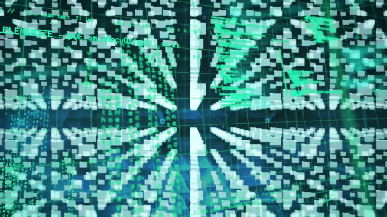 animación del icono del candado de seguridad y procesamiento de datos sobre formas cuadradas azules sobre fondo negro.