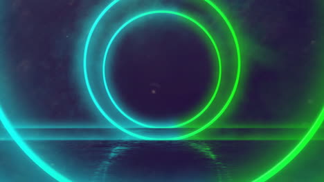 glowing neon circles animation over reflective water surface