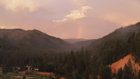 stunning sunset scenery with purple sky and rainbow on horizon in forest, aerial