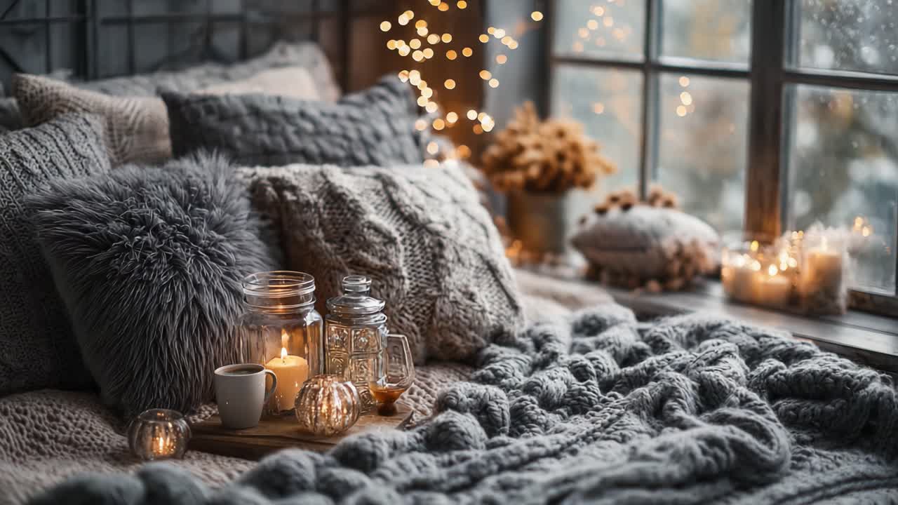 Un Rifugio Invernale Accogliente: Illuminazione Calda e Tessuti Morbidi Creano un'Atmosfera Serena tra Cuscini Soffici e Candele per il Massimo Relax