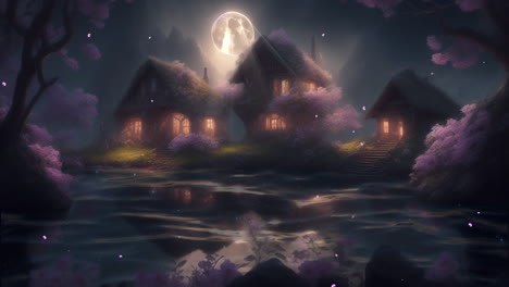 Animated-background-of-fairy-tale-town-during-night-time,-misty-and-dreamy-atmosphere,-fairy-tale-enchantments-and-mythical-concept