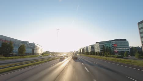 the view of the road while inside the city bus in helsinki finland. timelapse