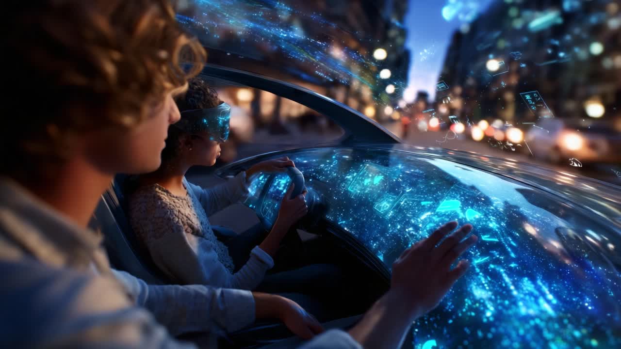Un'esperienza di guida futuristica: esploriamo l'intersezione tra tecnologia e trasporti mentre due persone interagiscono con un'interfaccia olografica intuitiva all'interno di un'auto moderna di notte