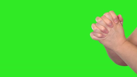 hand sign of female hand in front of green screen.