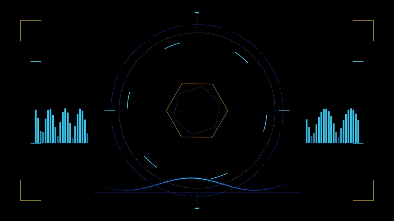 Futuristic Digital HUD Interface with Rotating Hexagon and Audio Visualizers