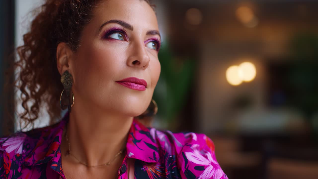 Un ritratto accattivante di una donna sicura di sé con trucco vivace e abito floreale, che guarda pensierosa in lontananza con un caldo bagliore sullo sfondo