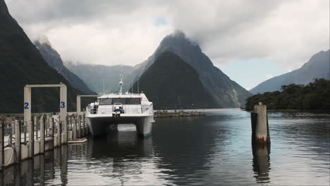 tour boat docked at milford sound piopiotahi